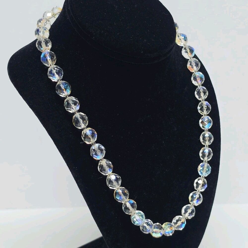 Vintage Clear AB Aurora Borealis Faceted Crystal Runway Strand Necklace Wedding